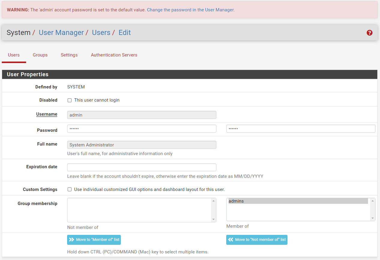 Setting New admin Password on pfSense