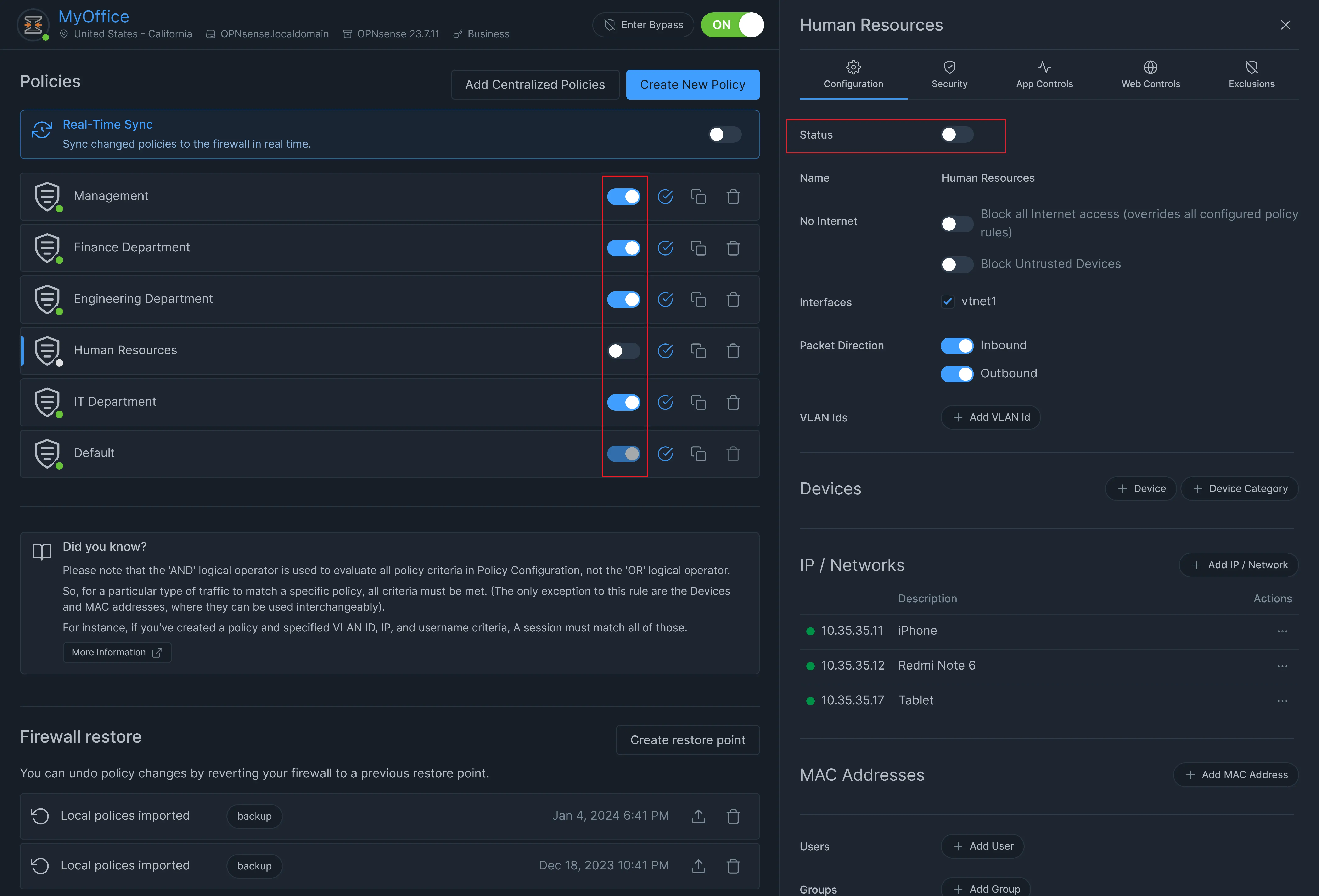 Enabling/Disabling Policy