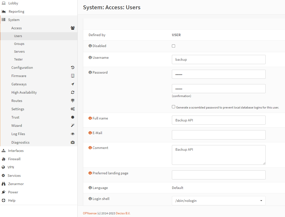 Adding Backup User