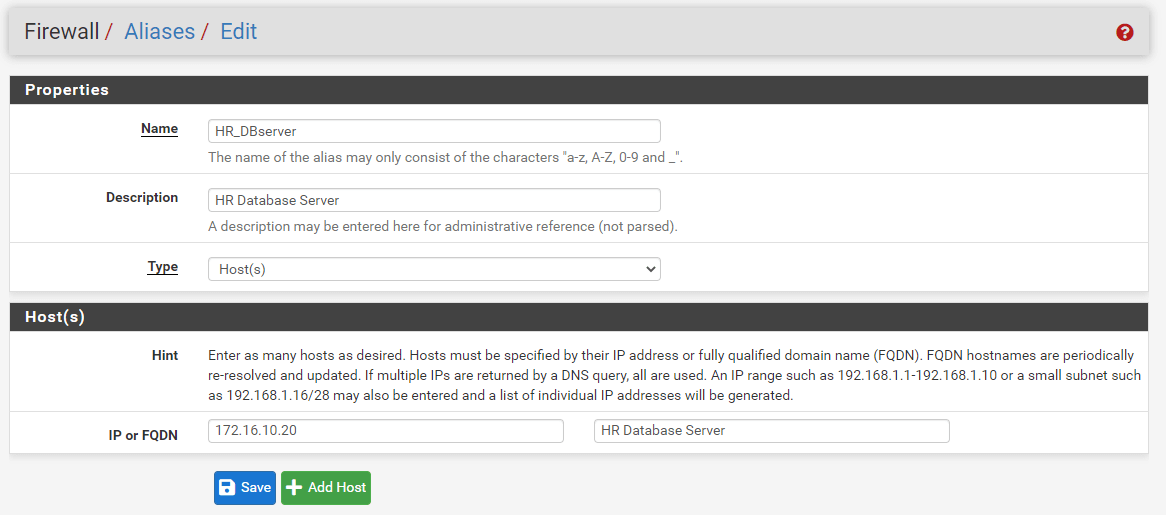 Defining an alias for Human Resources Database Server