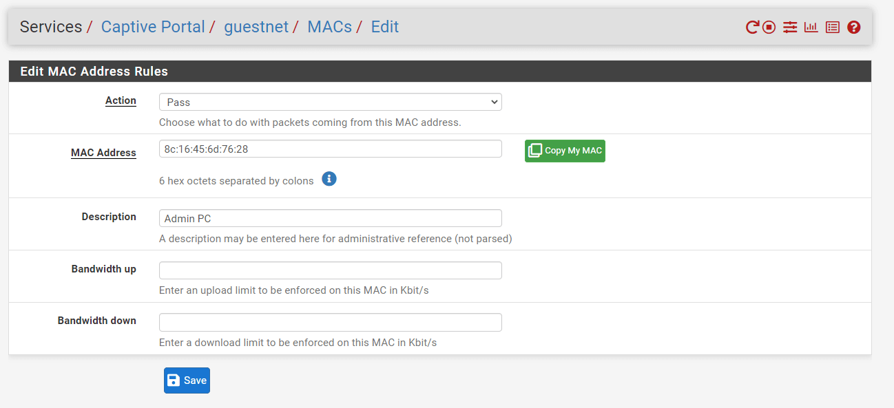 Defining MAC address rules for Captive Portal on pfSense Firewall