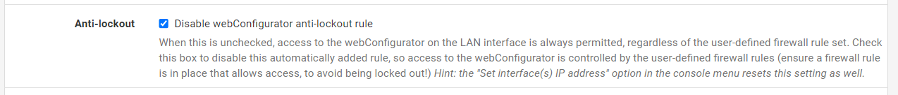 Disabling webConfigurator anti-lockout rule
