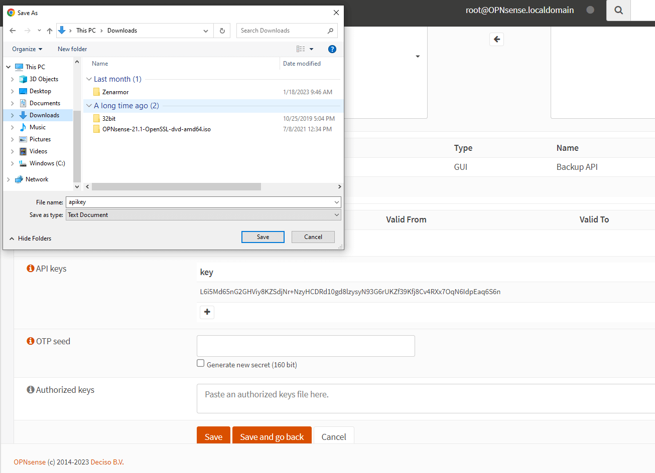 Downloading Backup API Key
