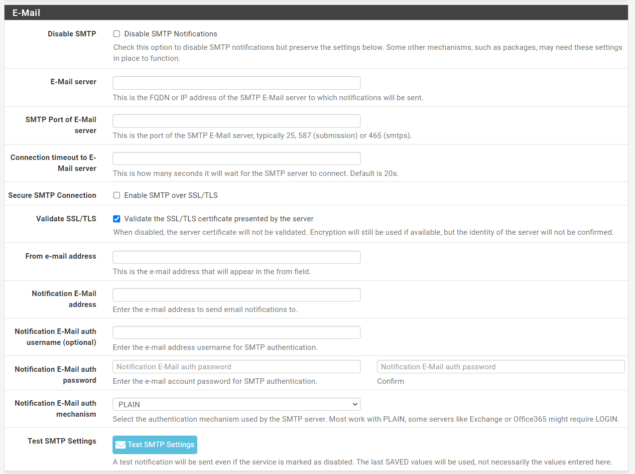 SMTP Email Settings for Notifications on pfsense