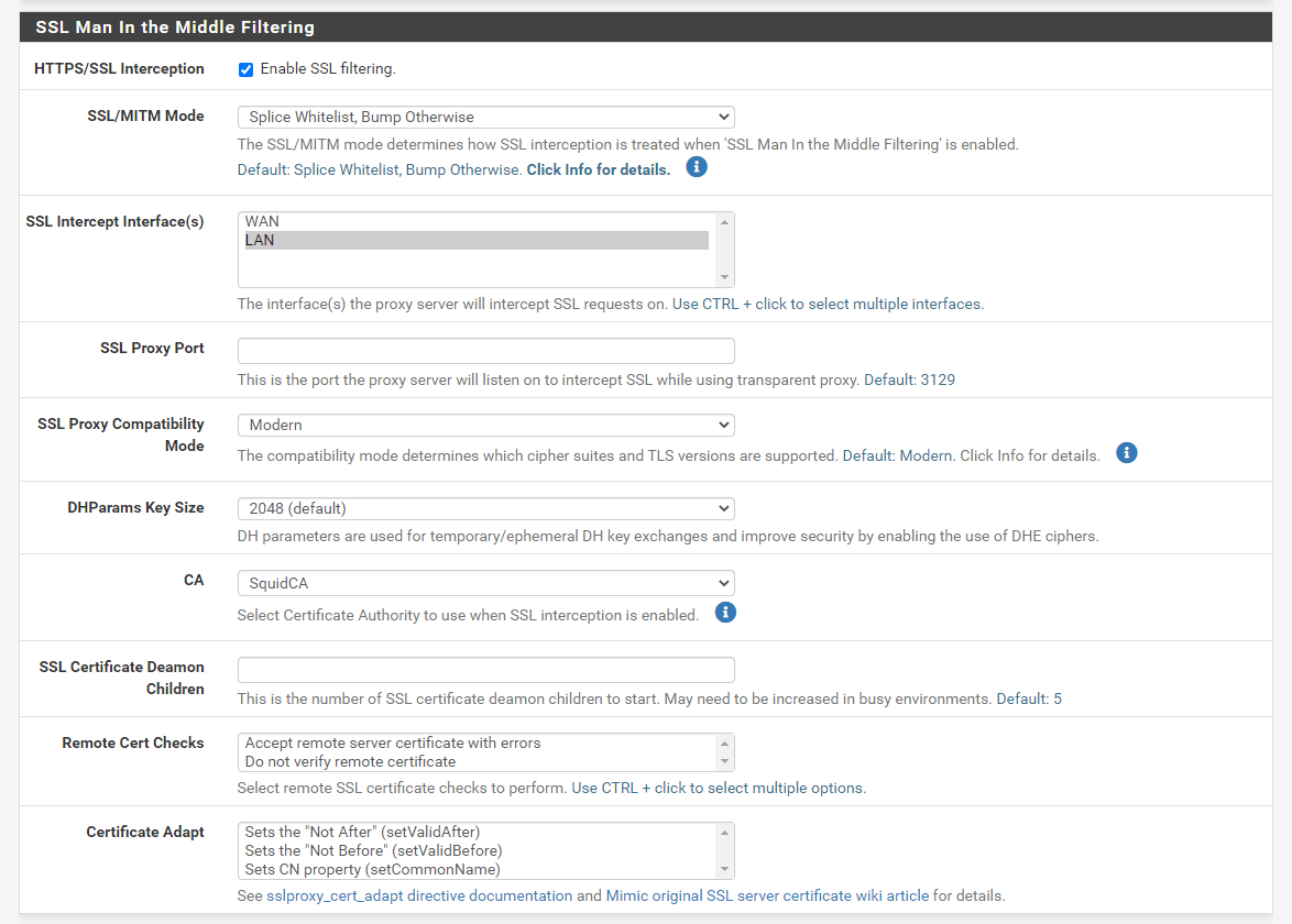 Enabling SSL filtering on pfSense