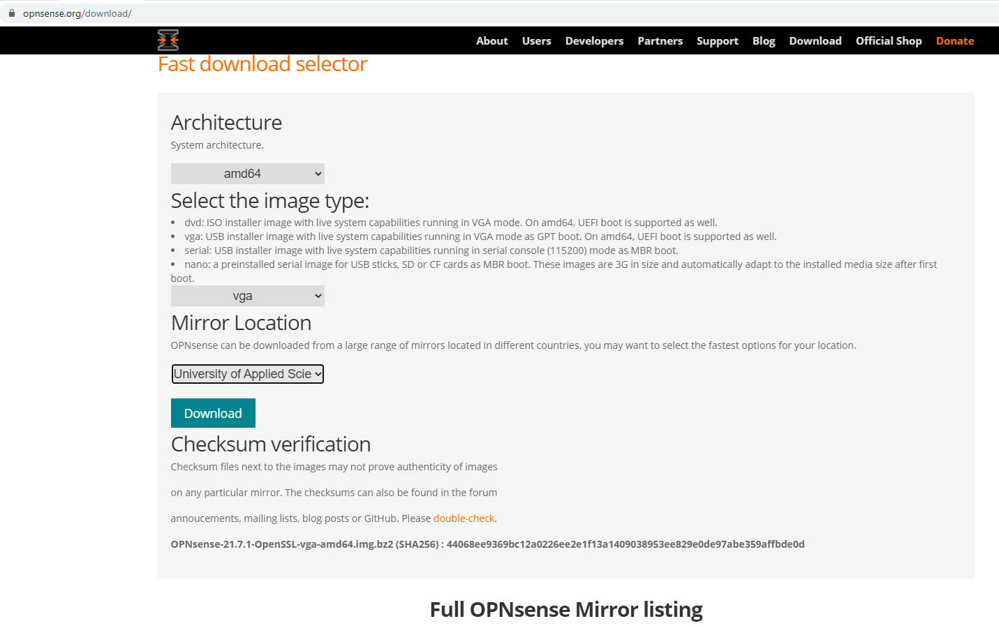 Downloading OPNsense vga ISO file
