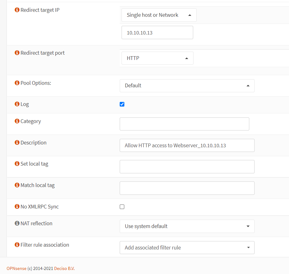 Port forwarding rule configuration for HTTP in OPNsense-2