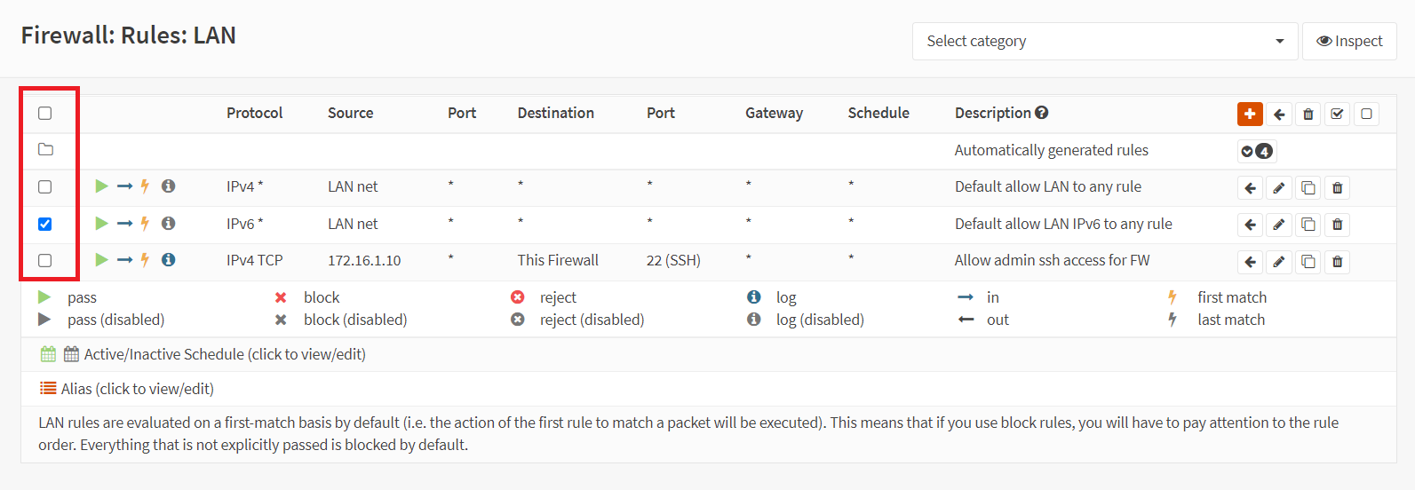 Selecting firewall rules on OPNsense firewall