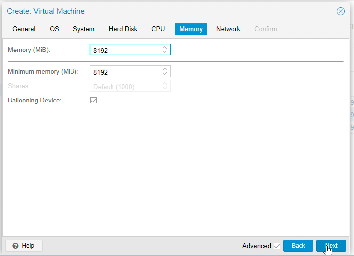 Setting Memory size 8 GB for ClearOS firewall on Proxmox
