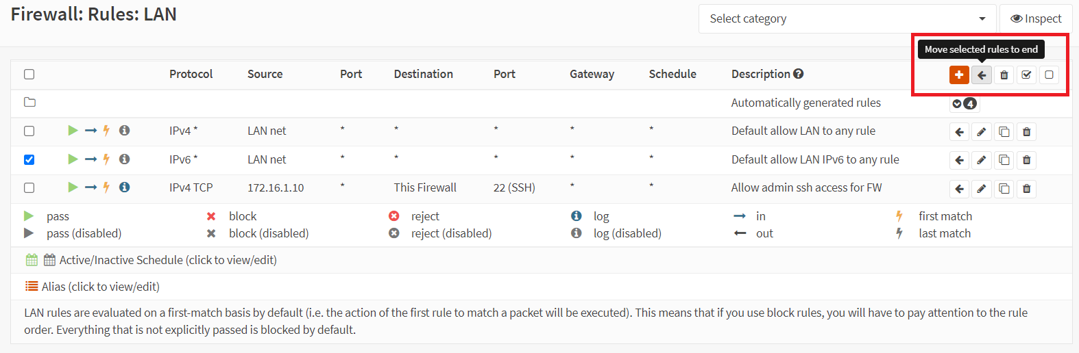 Moving selected rule to the bottom of the rule list