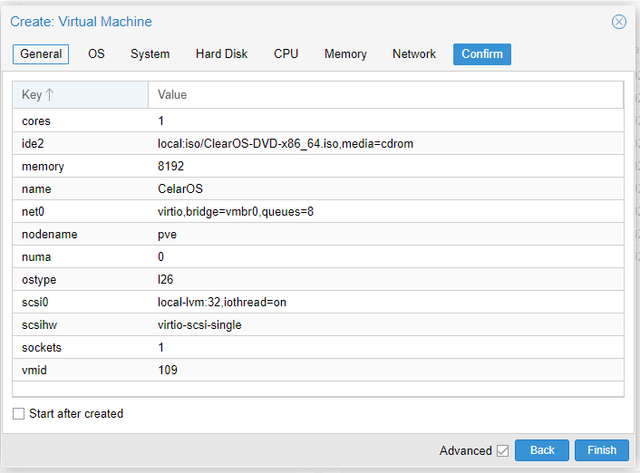 Confirming the ClearOS virtual machine configuration