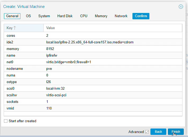 Confirming the IPFire virtual machine configuration