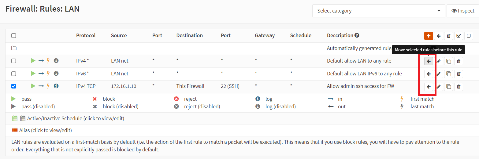 Moving selected rule to a specific position in the rule list
