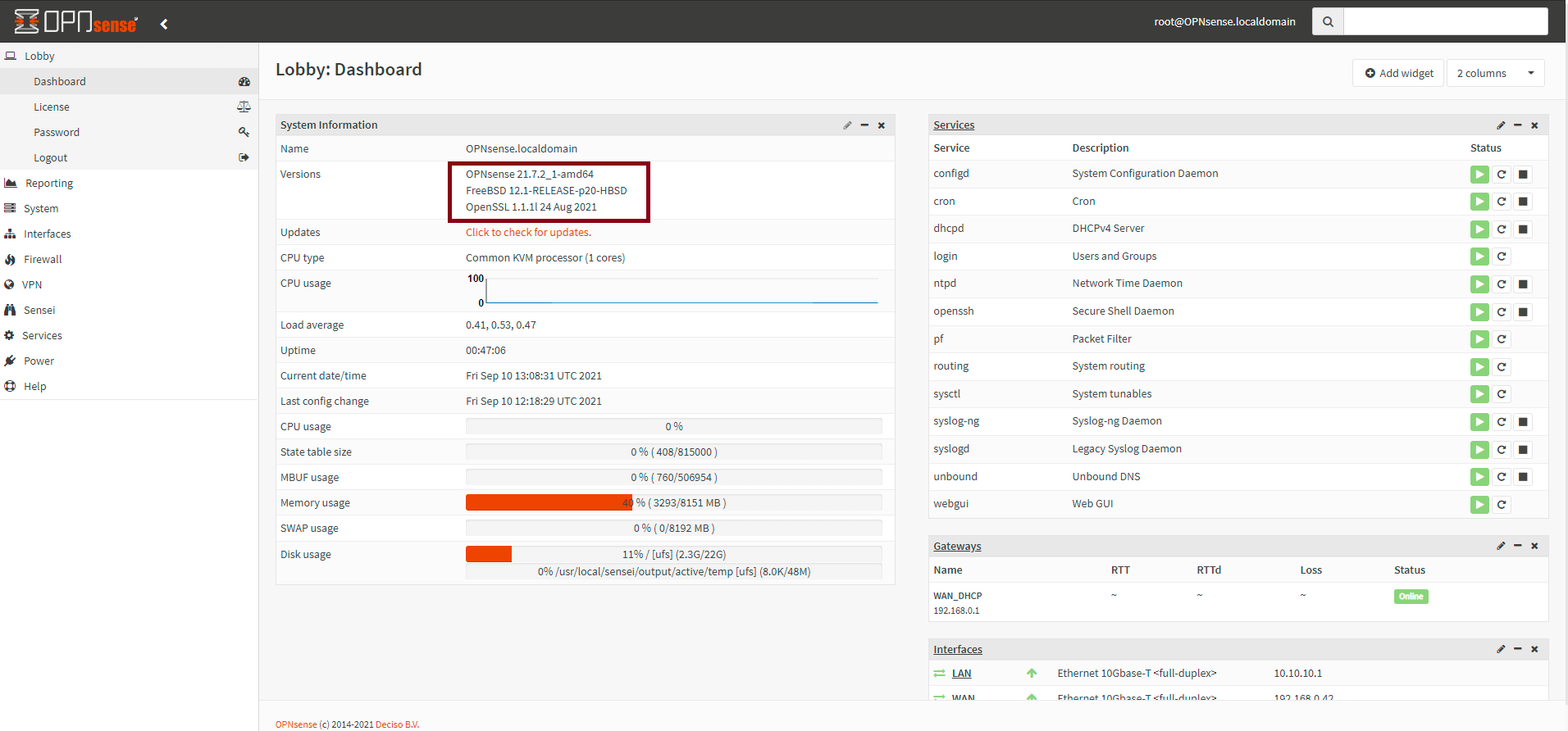 Viewing the OPNsense version on Dashboard