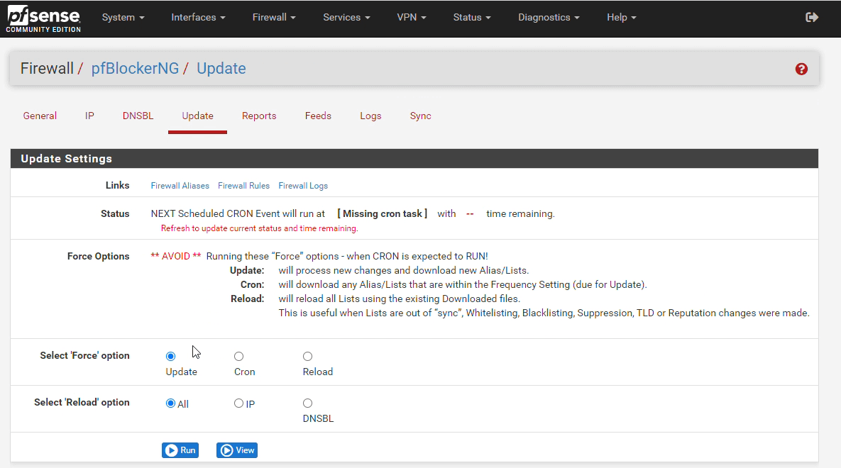 pfBlockerNG update settings