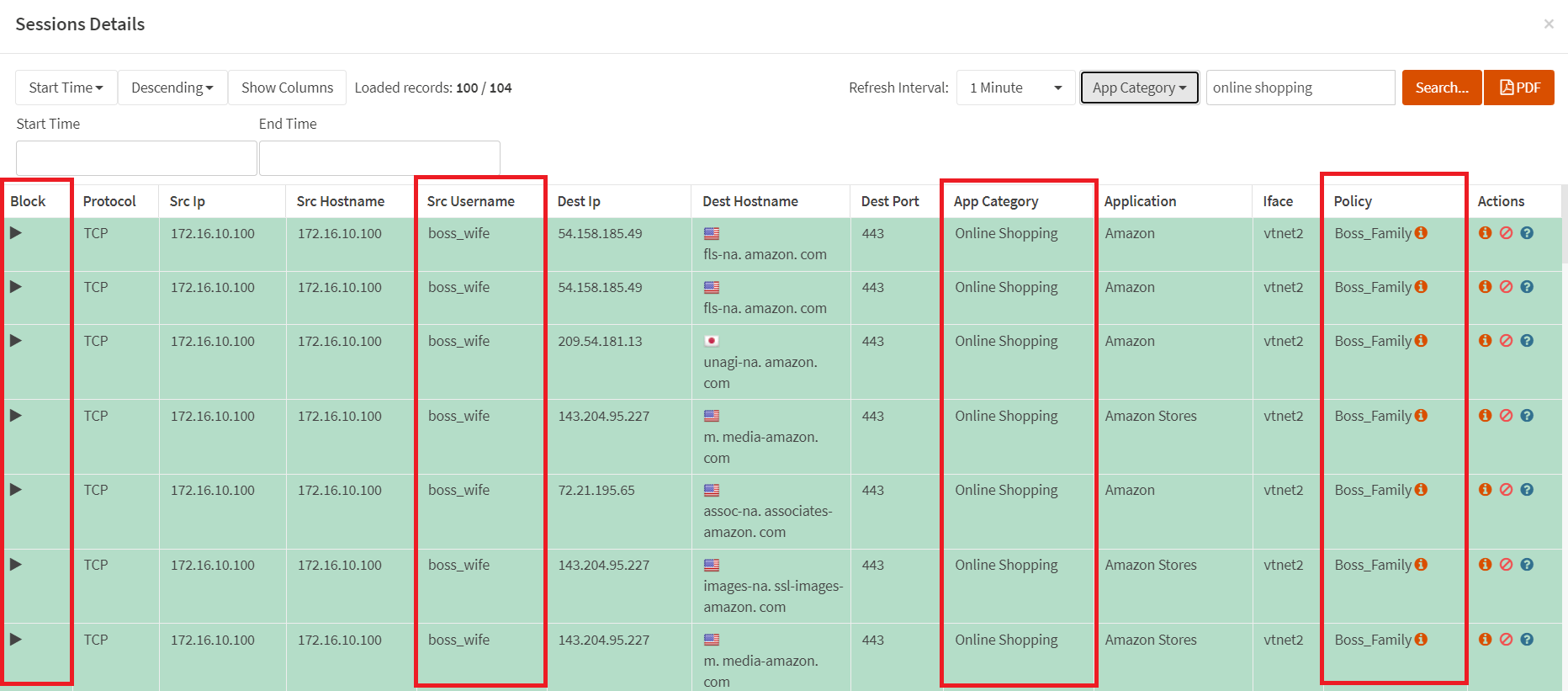 Viewing the live connections filtered by `Online Shopping` application category Viewing the live connections filtered by Online Shopping application category