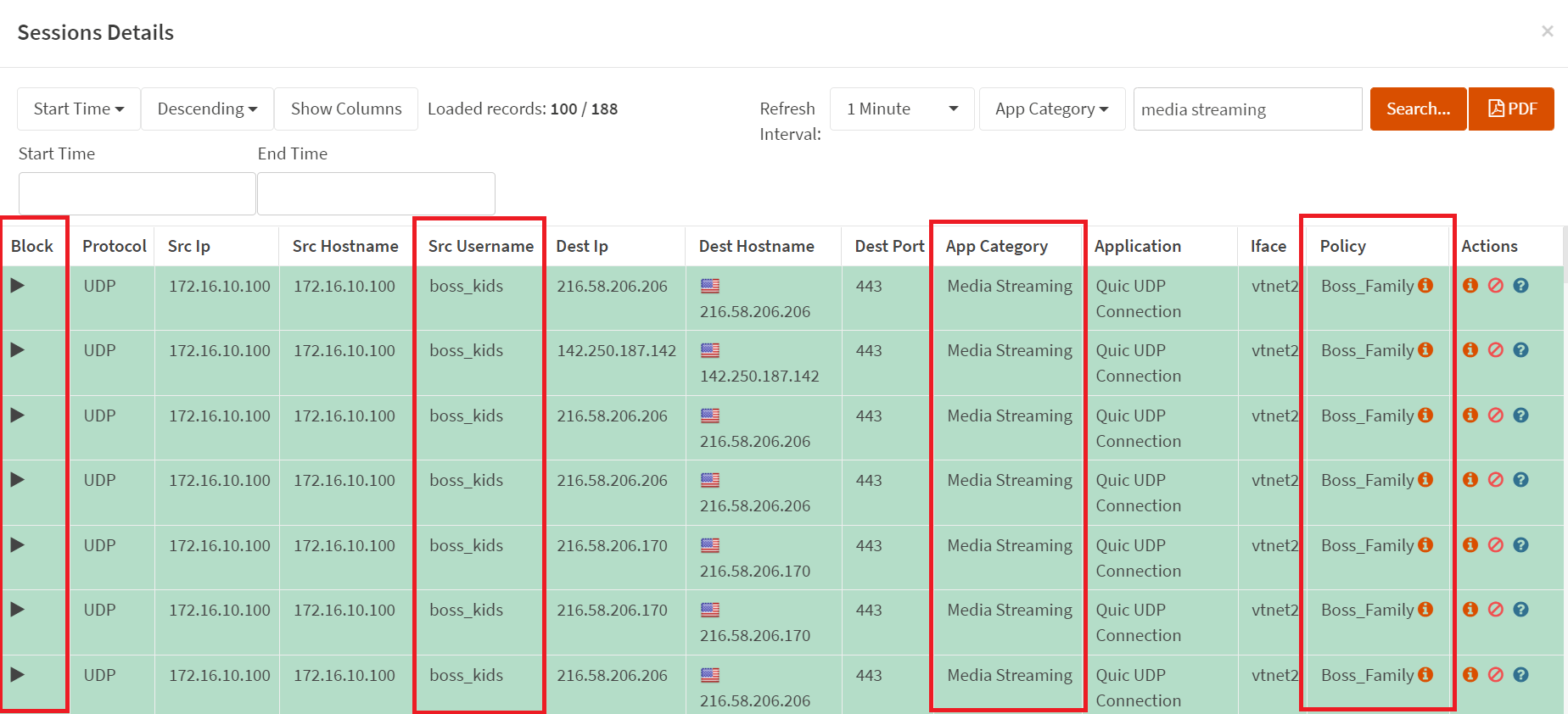 Viewing the live connections filtered by `Media Streaming` application category Viewing the live connections filtered by Media Streaming application category