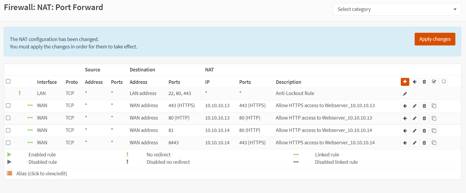  Port forwarding rules list for web servers in OPNsense 