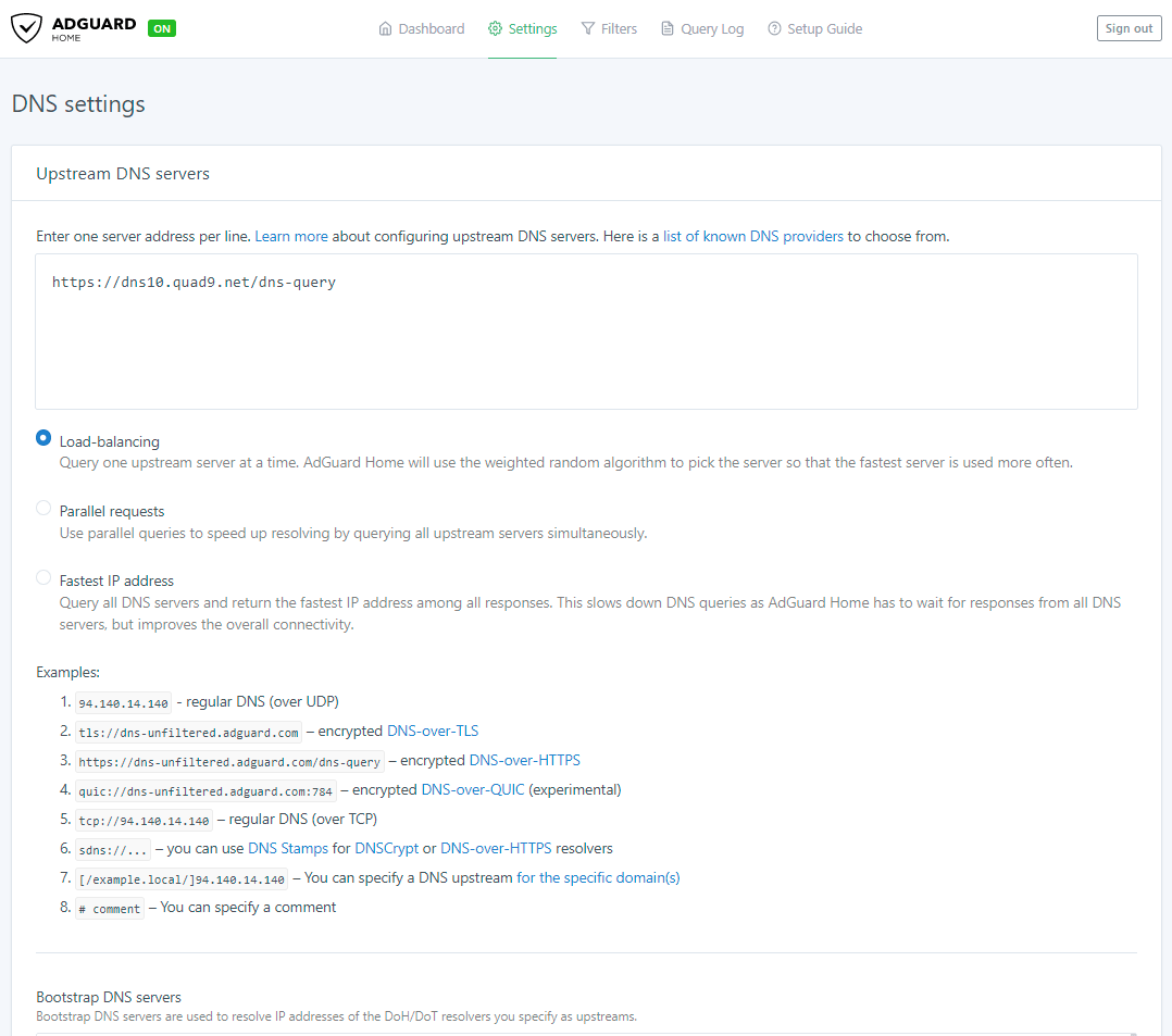 Upstream DNS servers settings on AdGuard Home