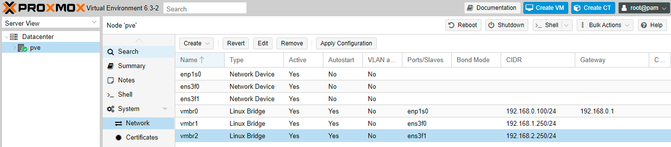 Viewing network devices on Proxmox