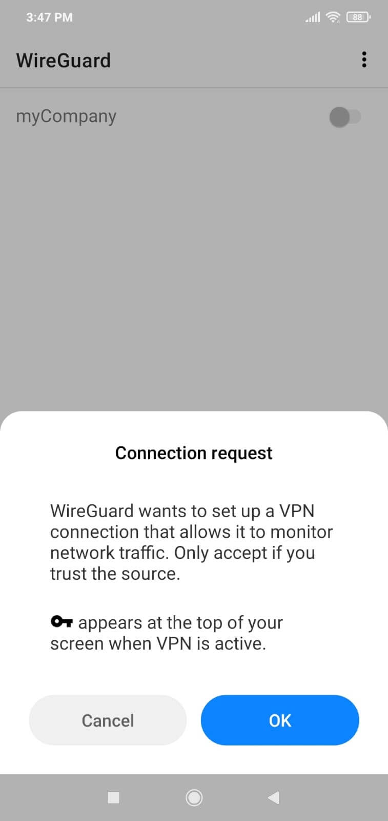 WireGuard connection request on Android client