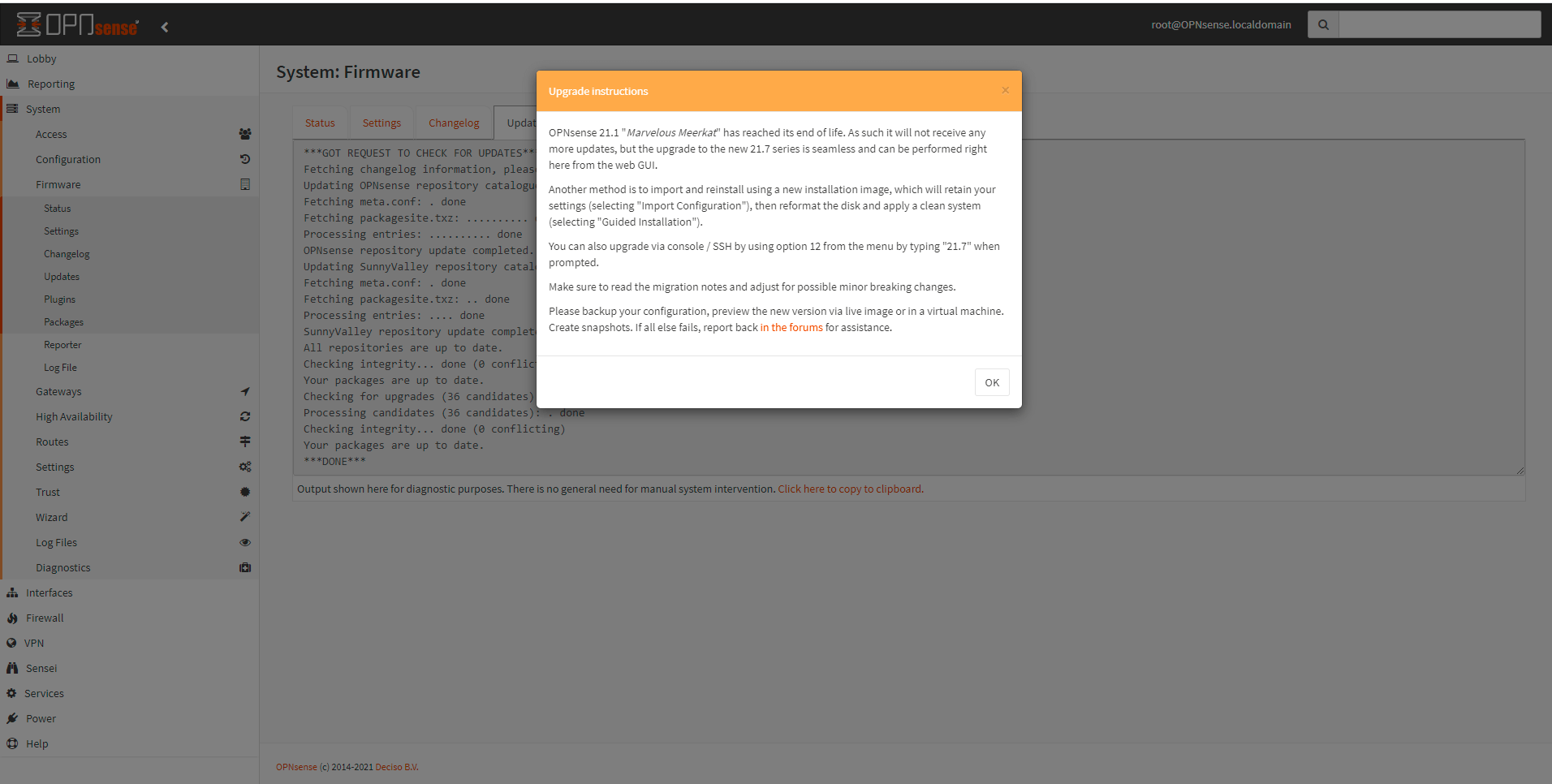 OPNsense 21.7 major upgrade instructions
