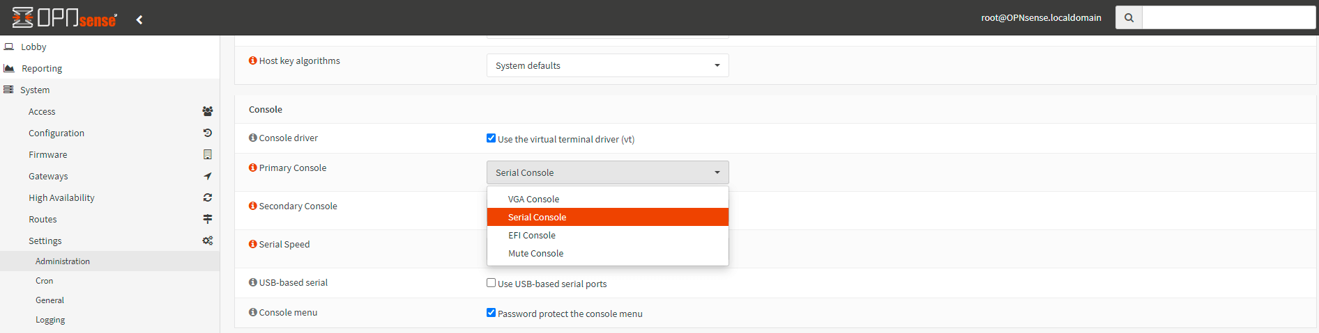 Console settings on OPNsense
