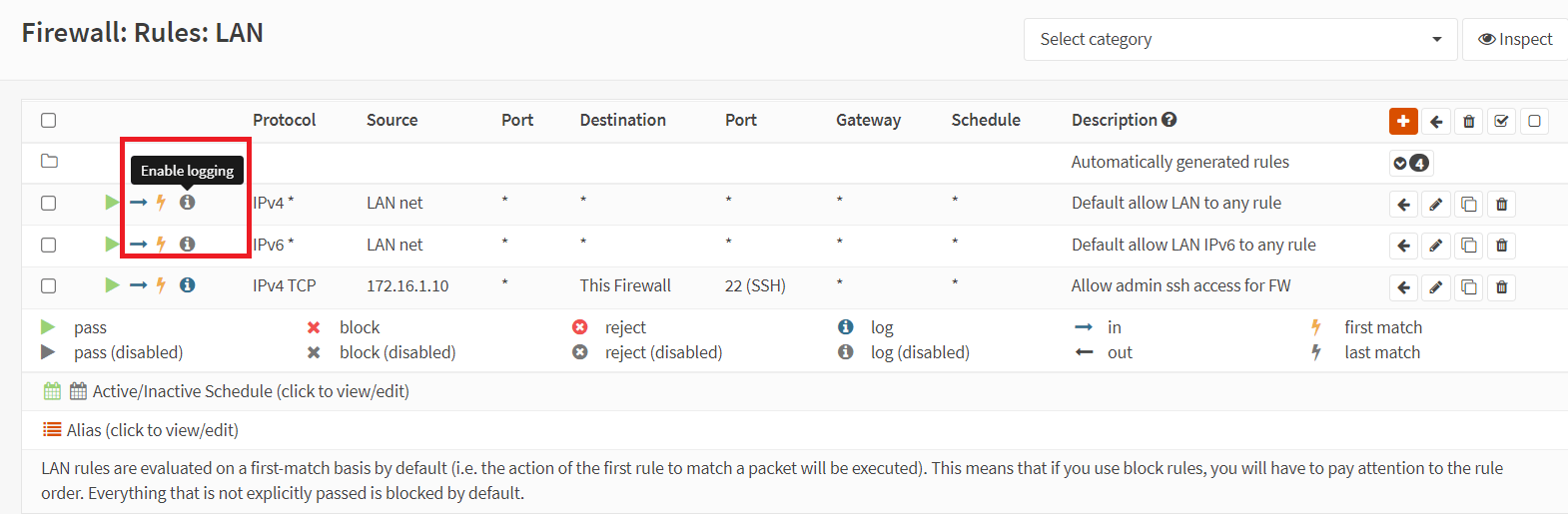 Enabling logging for a firewall rule