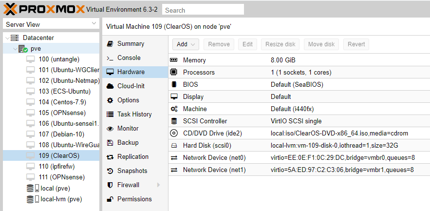 Hardware configuration of the ClearOS VM on Proxmox VE