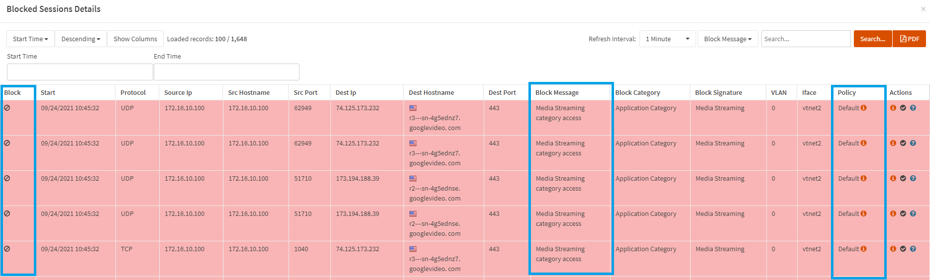Media Streaming application category is blocked by the Default policy Media Streaming application category is blocked by the Default policy