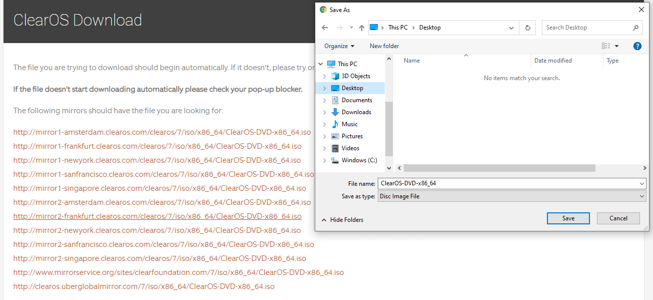 Selecting mirror to download ClearOS DVD ISO image
