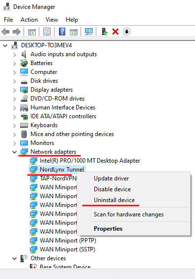 Uninstall  Nordlynx/TUN adapter