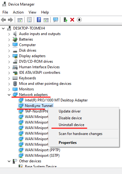 Desinstalar el adaptador nordlynx/tun