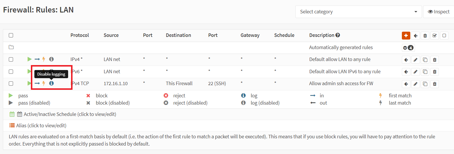 Disabling logging for a firewall rule