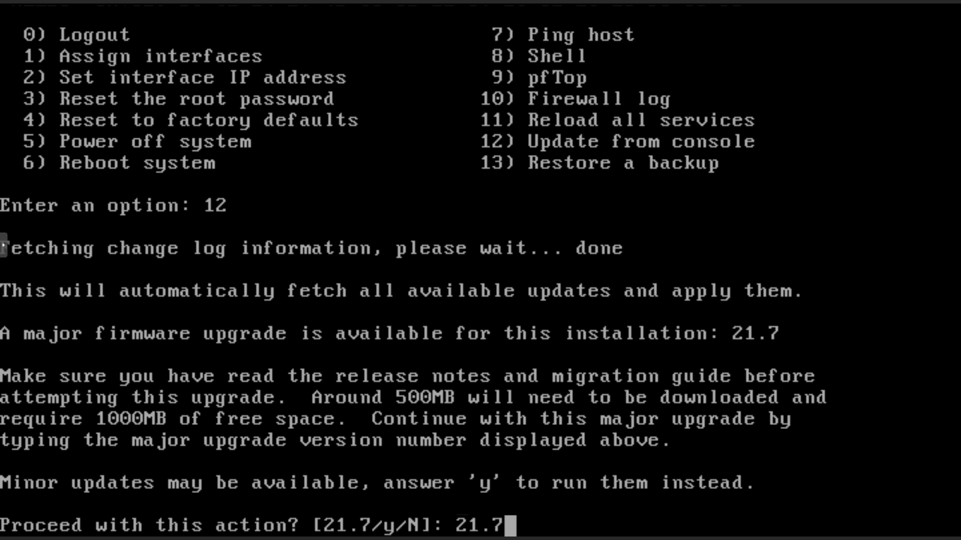 Installing major updates for OPNsense 21.7 on console