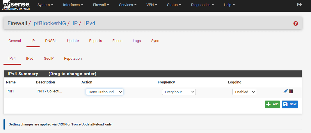 Enabled IPv4 feed on pfBlockerNG