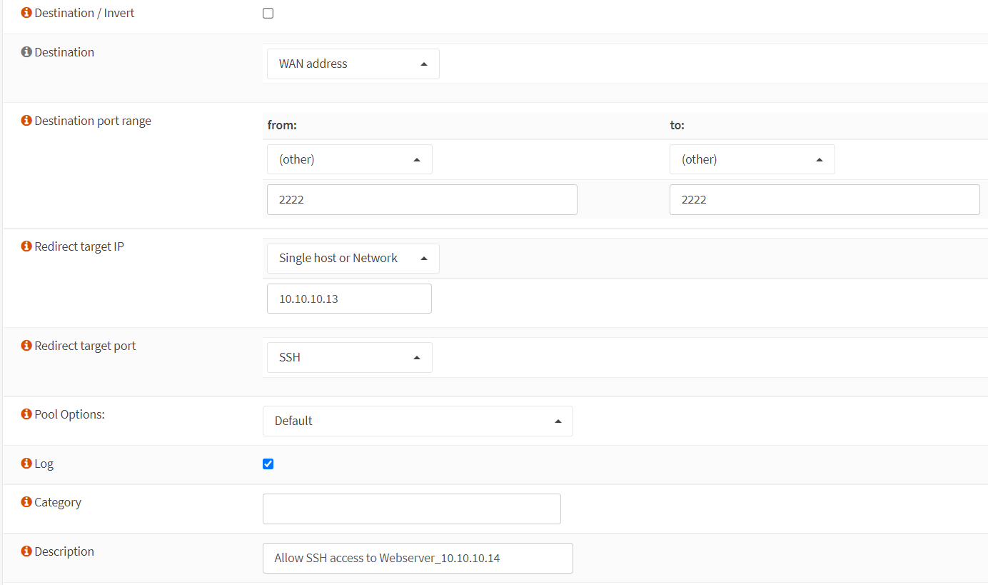 Port forwarding rule configuration for SSH(2222) in OPNsense-2