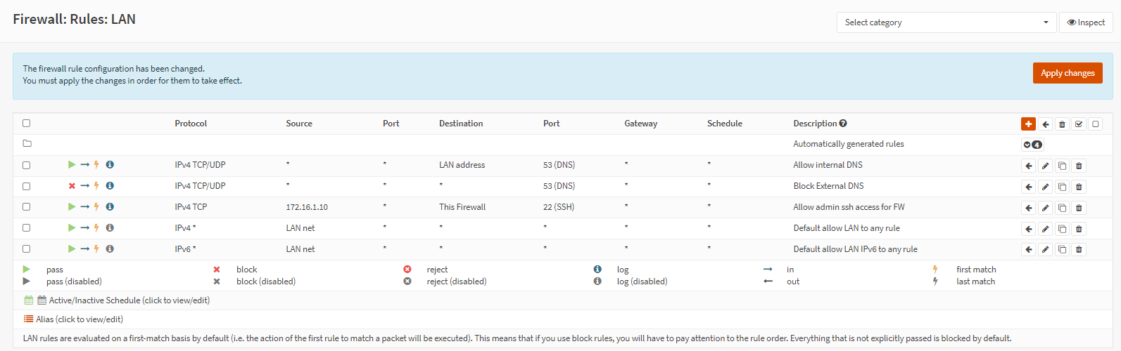 Internal and external DNS firewall rules on the list