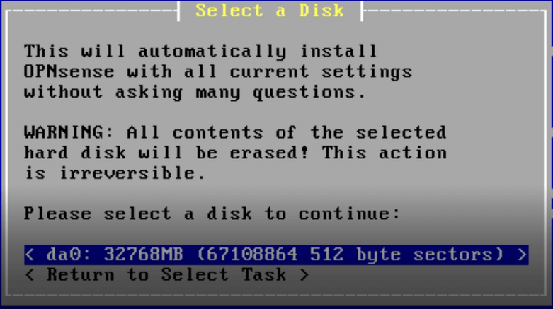 Selecting disk to install OPNsense