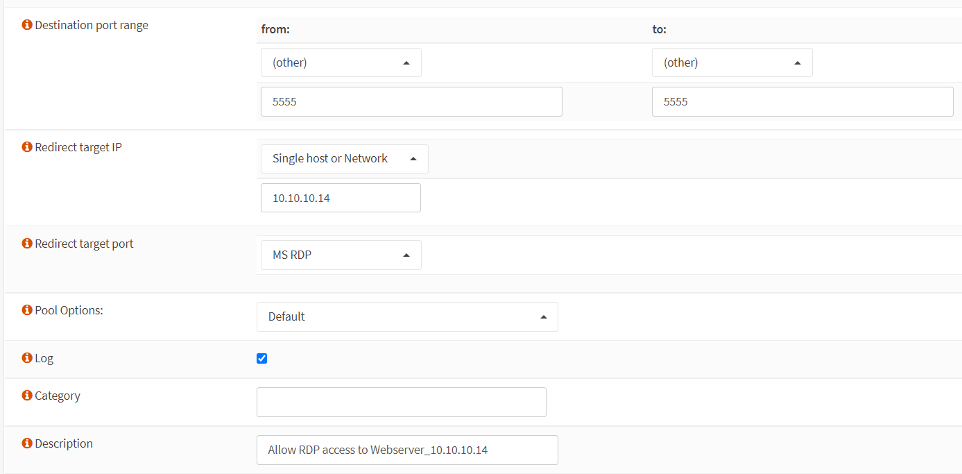Port forwarding rule configuration for MS-RDP(5555) in OPNsense-1