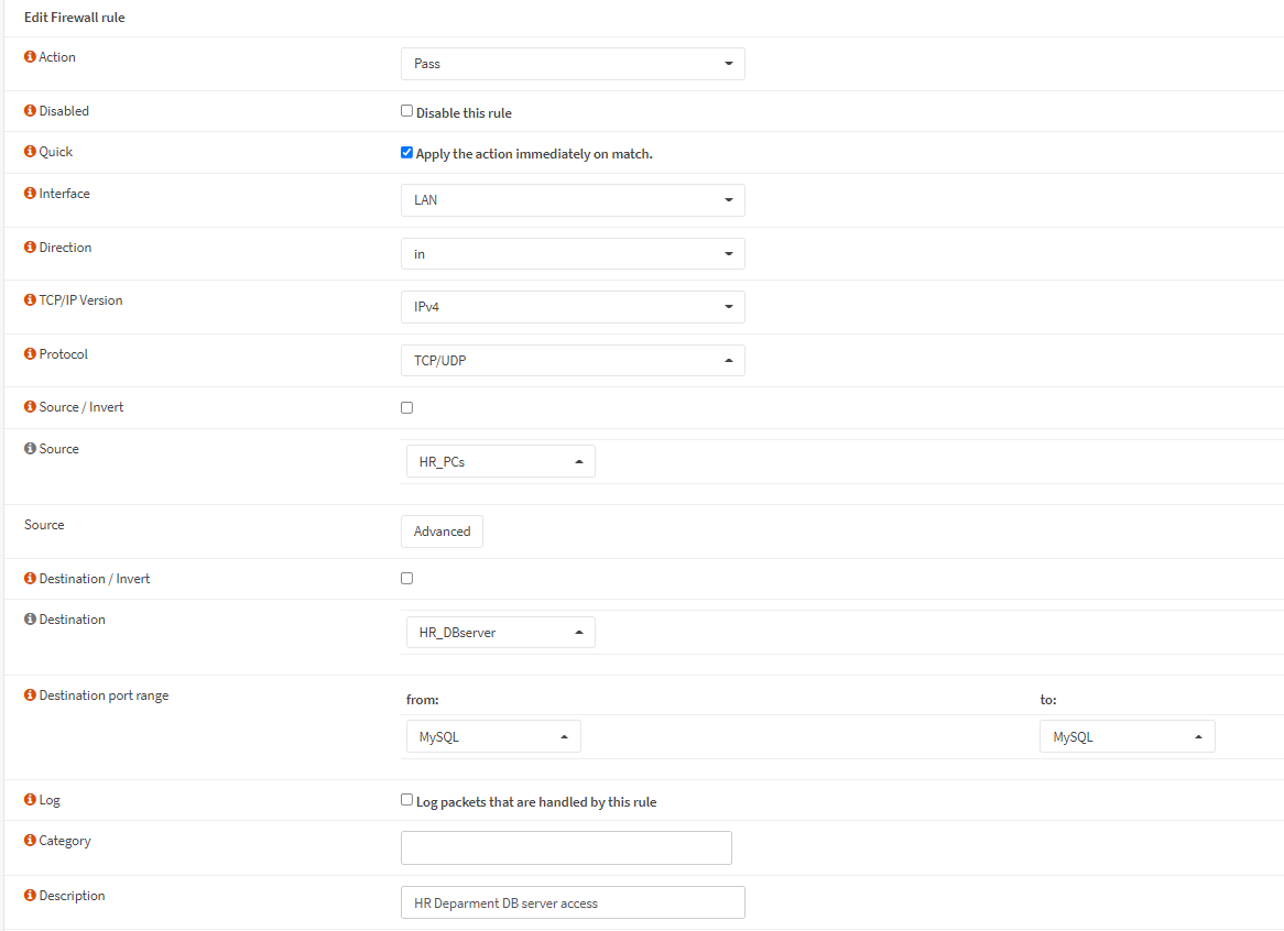 Defining HR Database server access rule 
