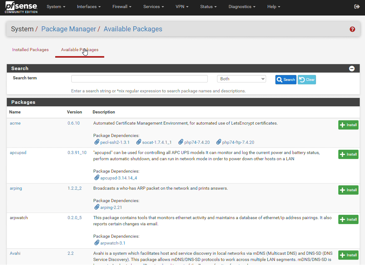 Accessing Available Packages on pfSense® Software CE GUI