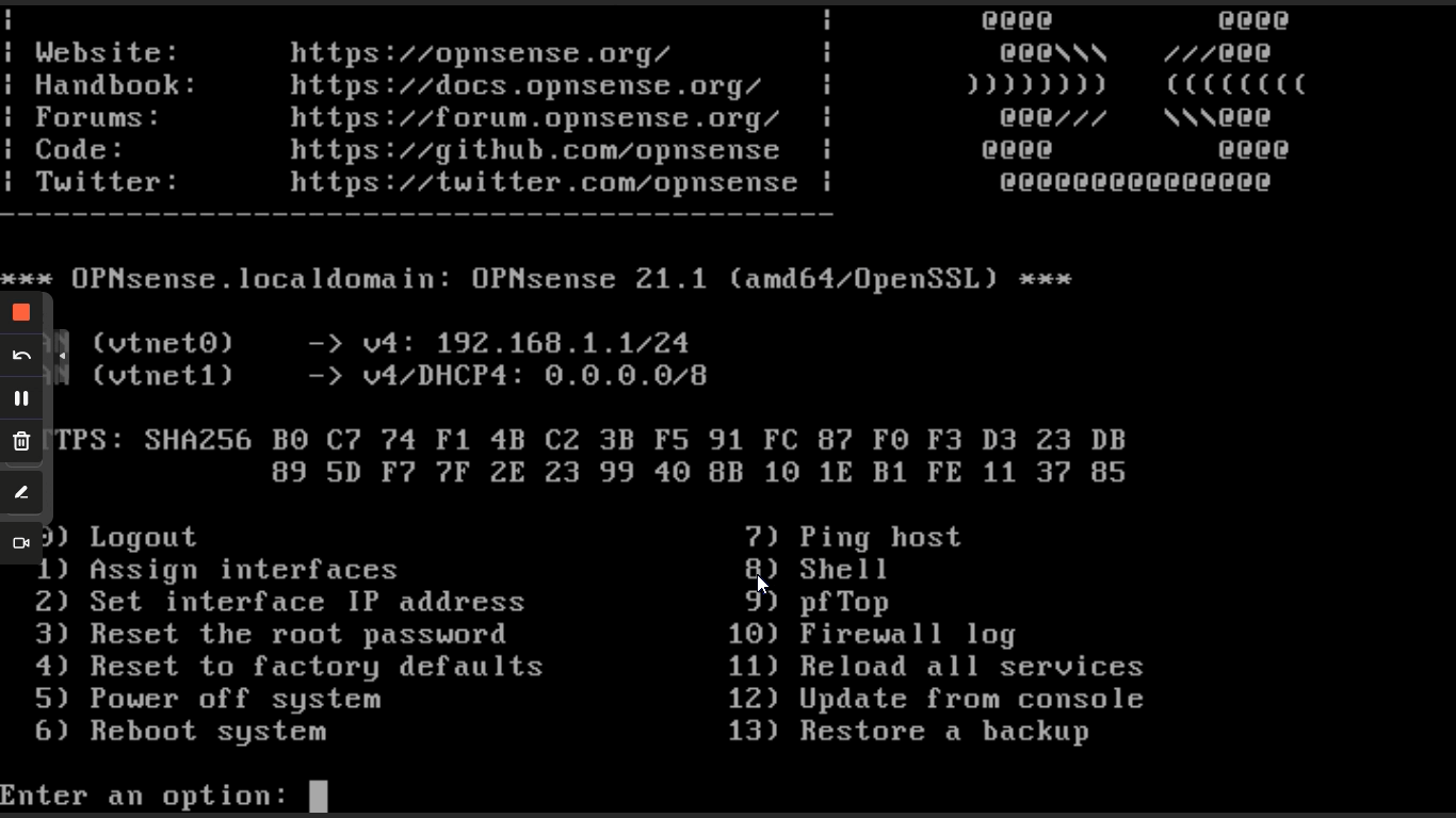 Options menu on OPNsense CLI