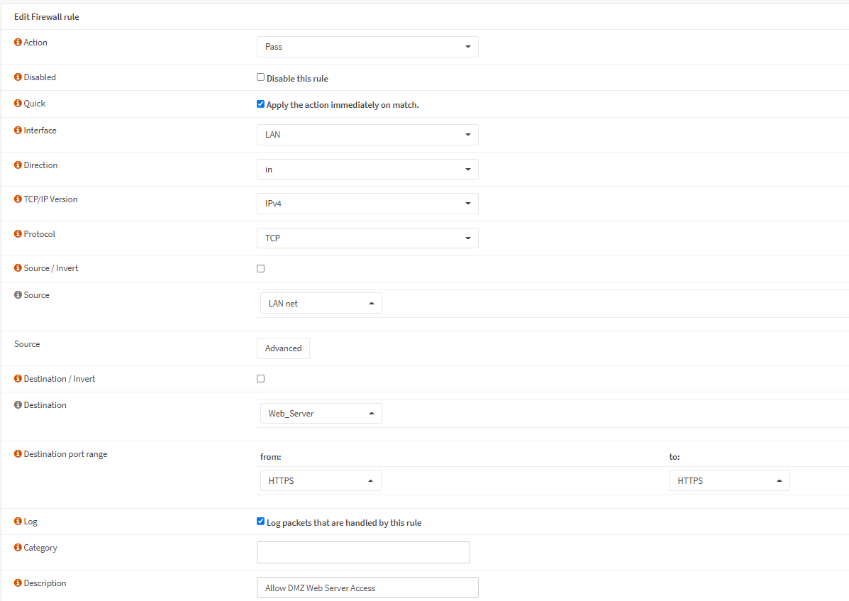 Defining DMZ Web Server access rule