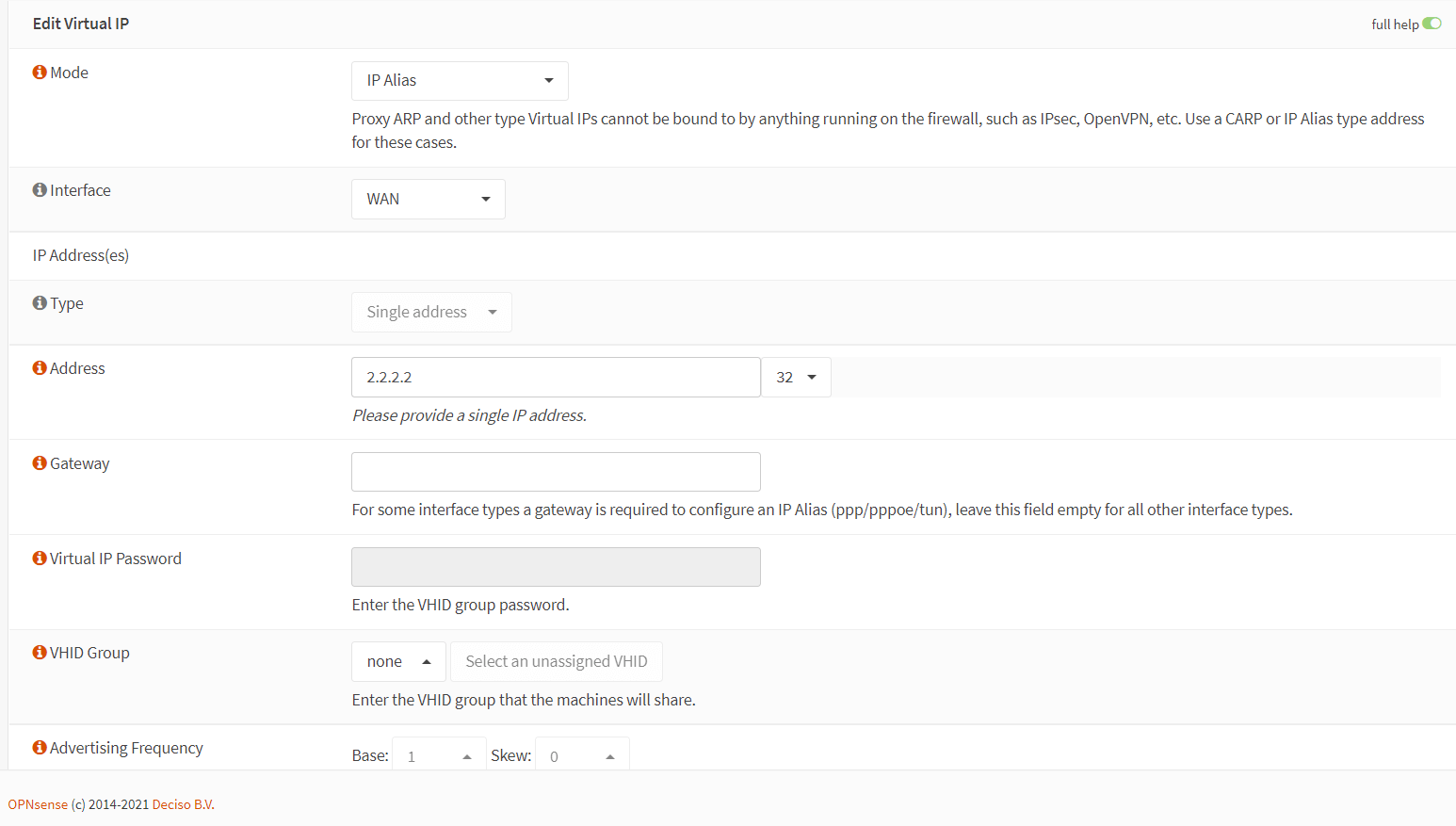 Setting Virtual IP address configuration in OPNsense