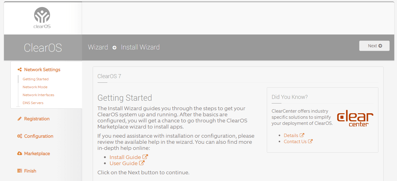 ClearOS installation wizard