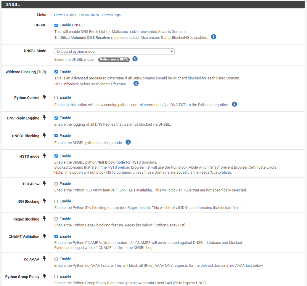 DNSBL settings on pfBlockerNG