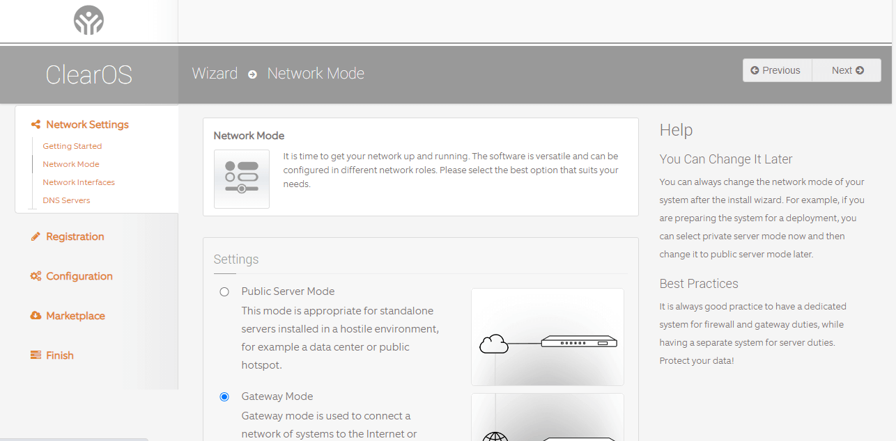 Selecting network mode for ClearOS