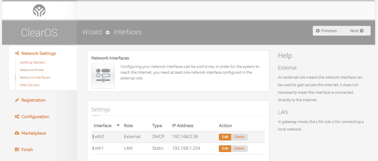 Configuring network interfaces for ClearOS