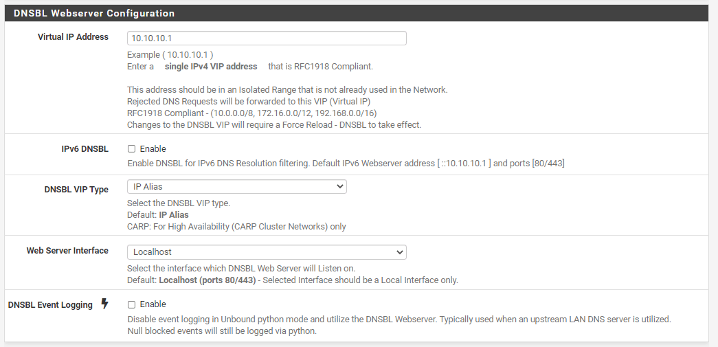 DNSBL webserver configuration on pfBlockerNG